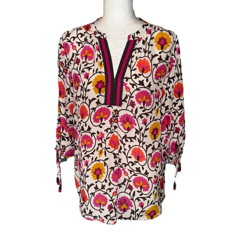 Rungolee Silk Floral Print Tie Sleeve Tassel Tunic Top Blouse - S